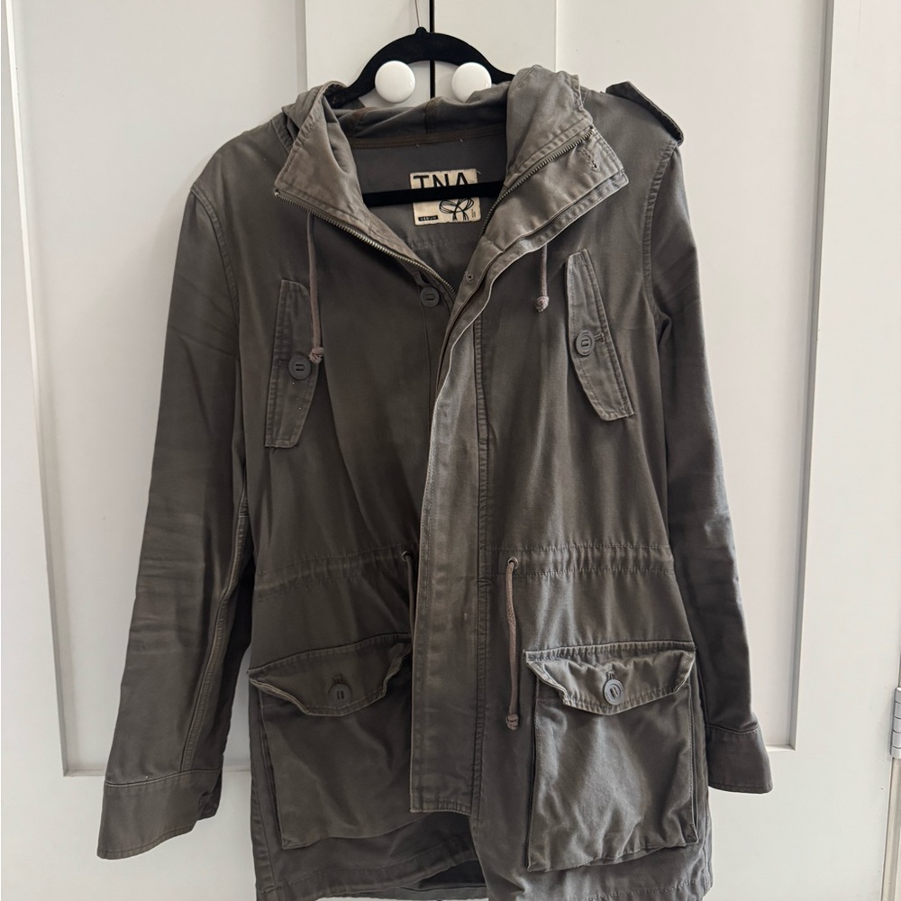 Aritzia TNA Hooded Canvas Spring Coat in Grey